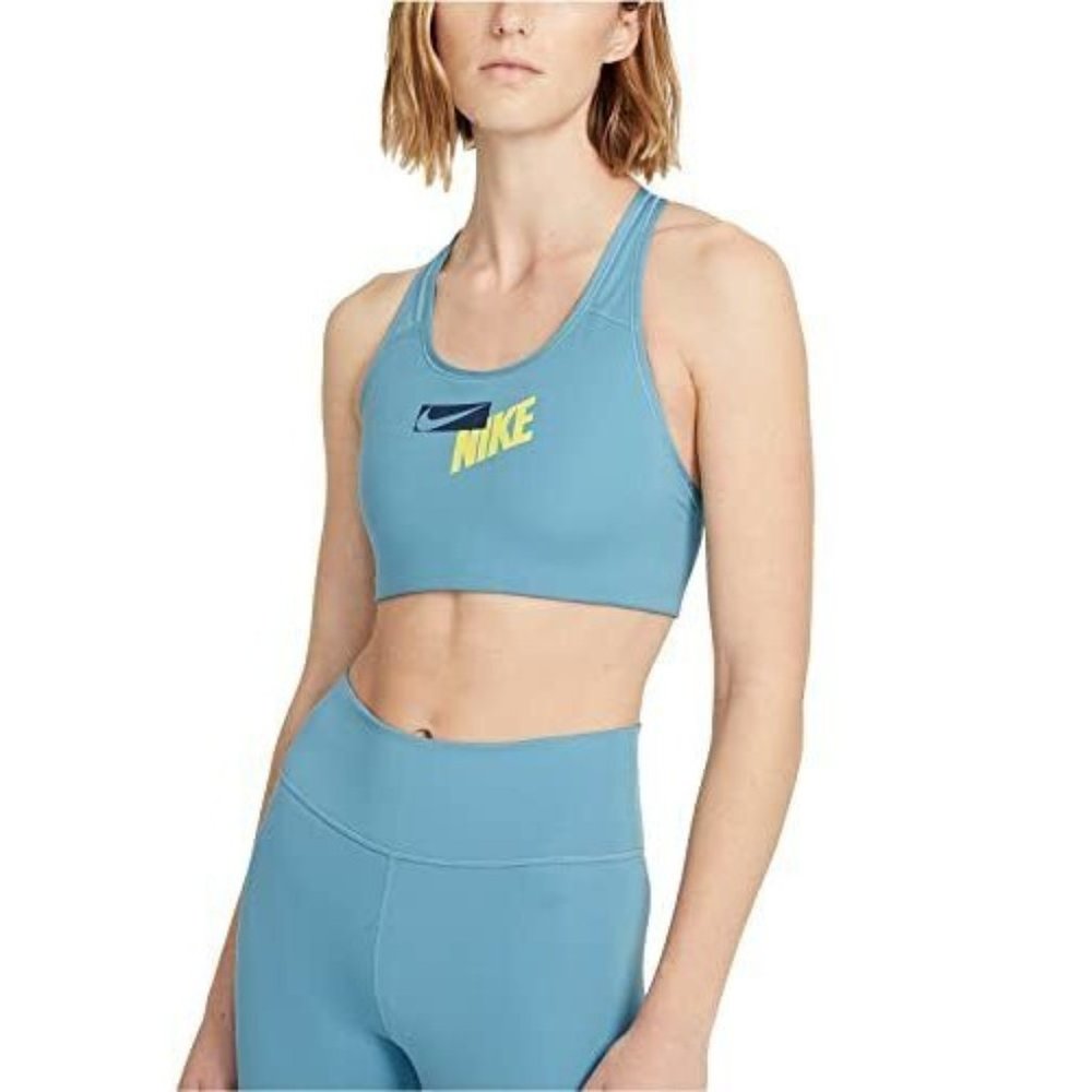 Nike Women's Logo Racerback Medium Impact Sports Bra (Cerulean/Midnight, X-Small